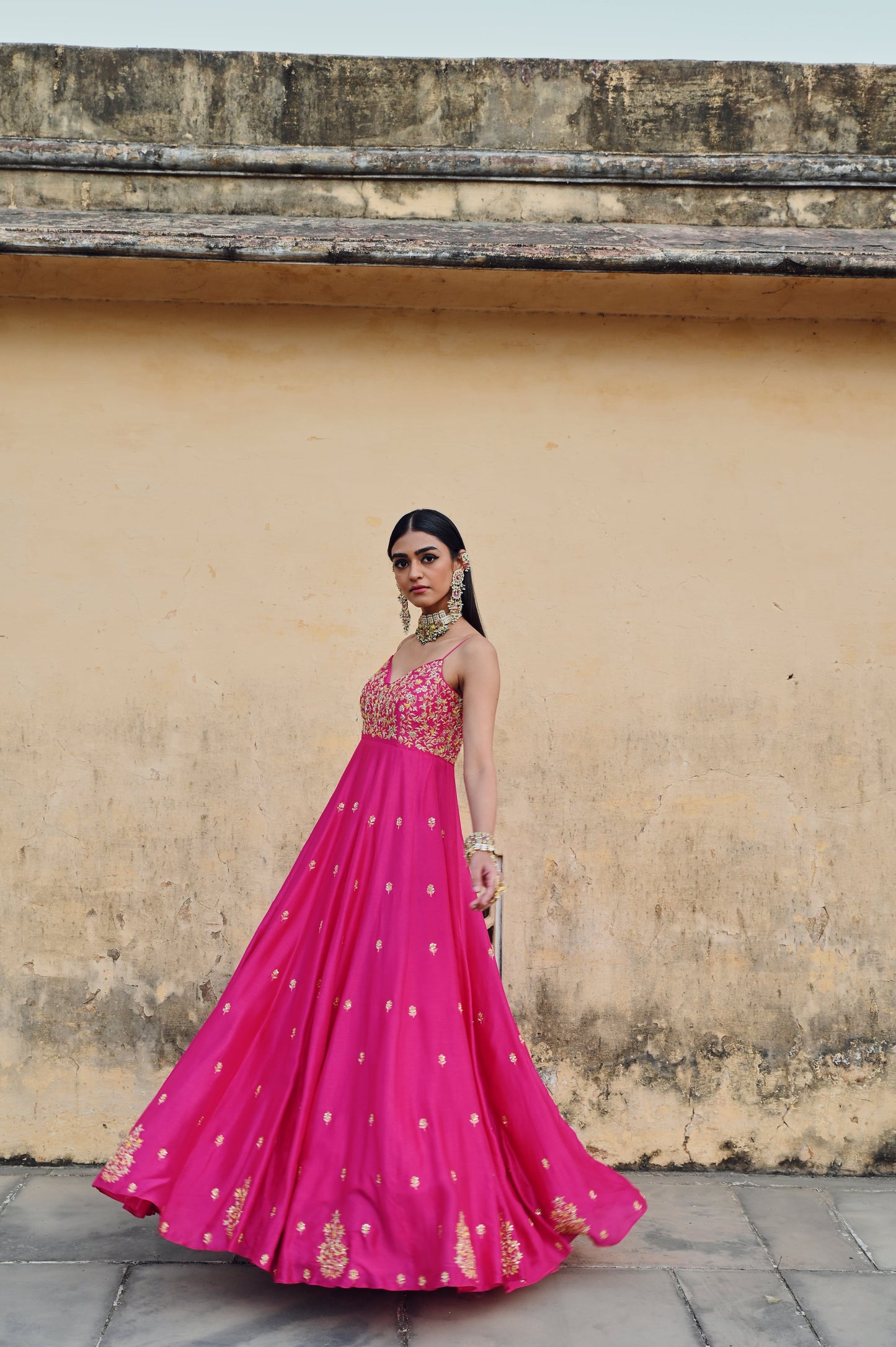 HOT PINK FLORAL JAAL YOKE EMBROIDERED 16 KALI ANARKALI WITH DUPATTA- EC-AK-RAHI25-05- HotPink