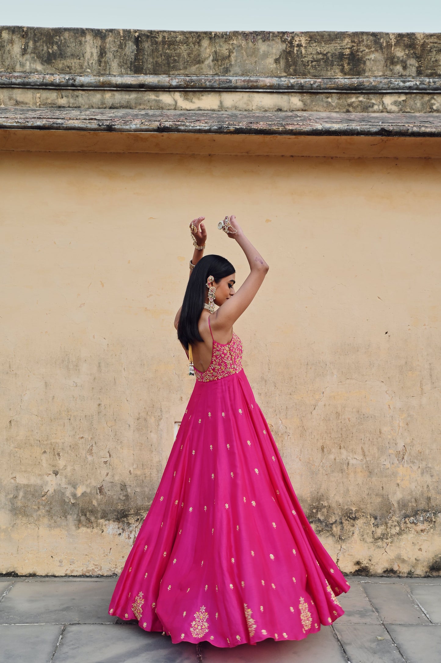 HOT PINK FLORAL JAAL YOKE EMBROIDERED 16 KALI ANARKALI WITH DUPATTA- EC-AK-RAHI25-05- HotPink