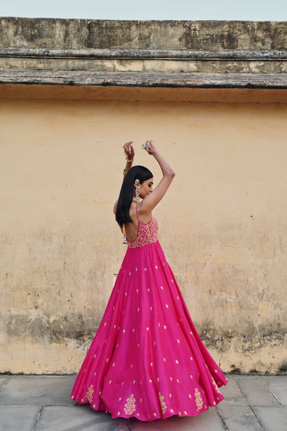 HOT PINK FLORAL JAAL YOKE EMBROIDERED 16 KALI ANARKALI WITH DUPATTA- EC-AK-RAHI25-05- HotPink