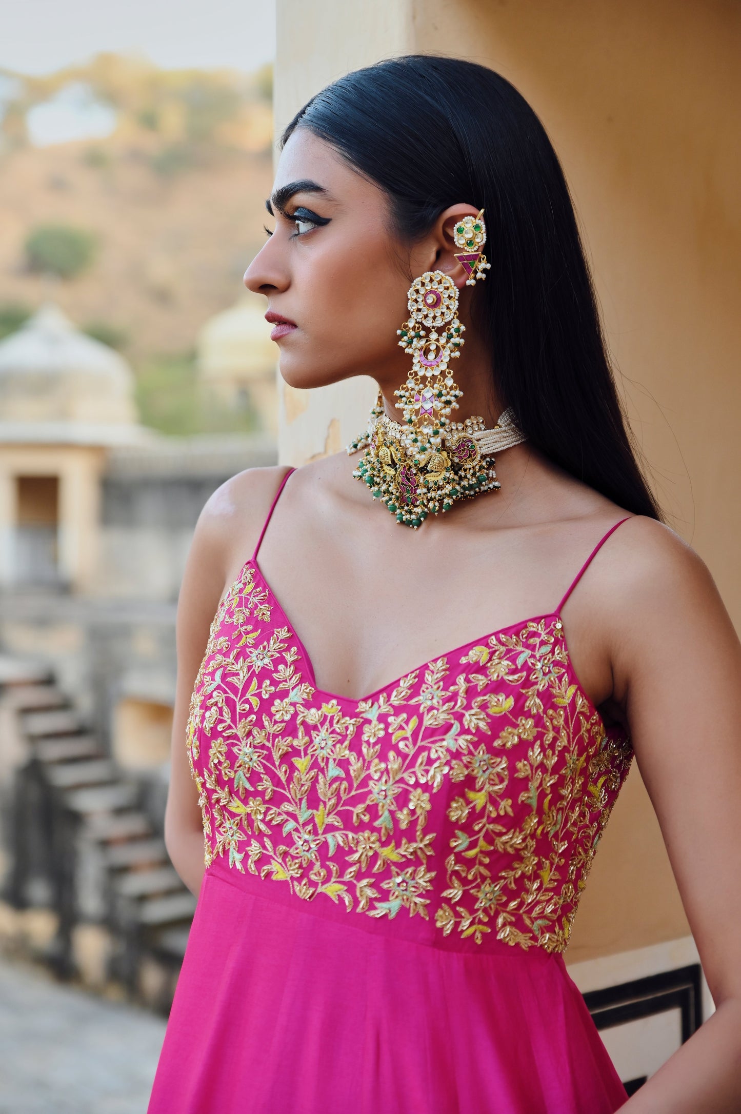 HOT PINK FLORAL JAAL YOKE EMBROIDERED 16 KALI ANARKALI WITH DUPATTA- EC-AK-RAHI25-05- HotPink
