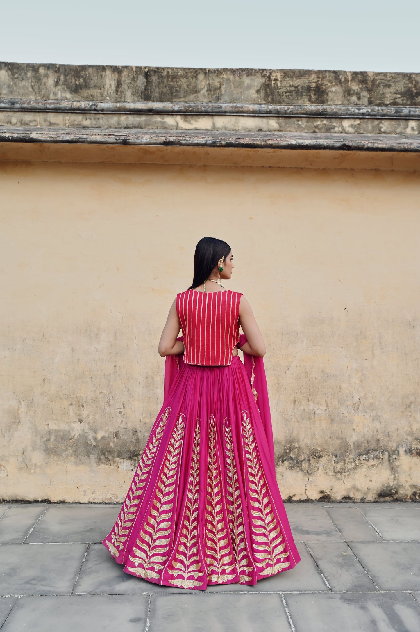 FUSCIA PINK 12 KALI LEAF EMBROIDERED LEHENGA WITH BLOUSE AND DUPATTA- EC-LH-RAHI25-23- FusciaPink