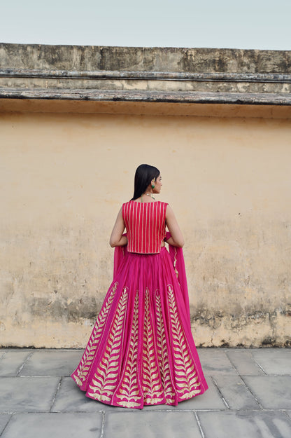 FUSCIA PINK 12 KALI LEAF EMBROIDERED LEHENGA WITH BLOUSE AND DUPATTA- EC-LH-RAHI25-23- FusciaPink