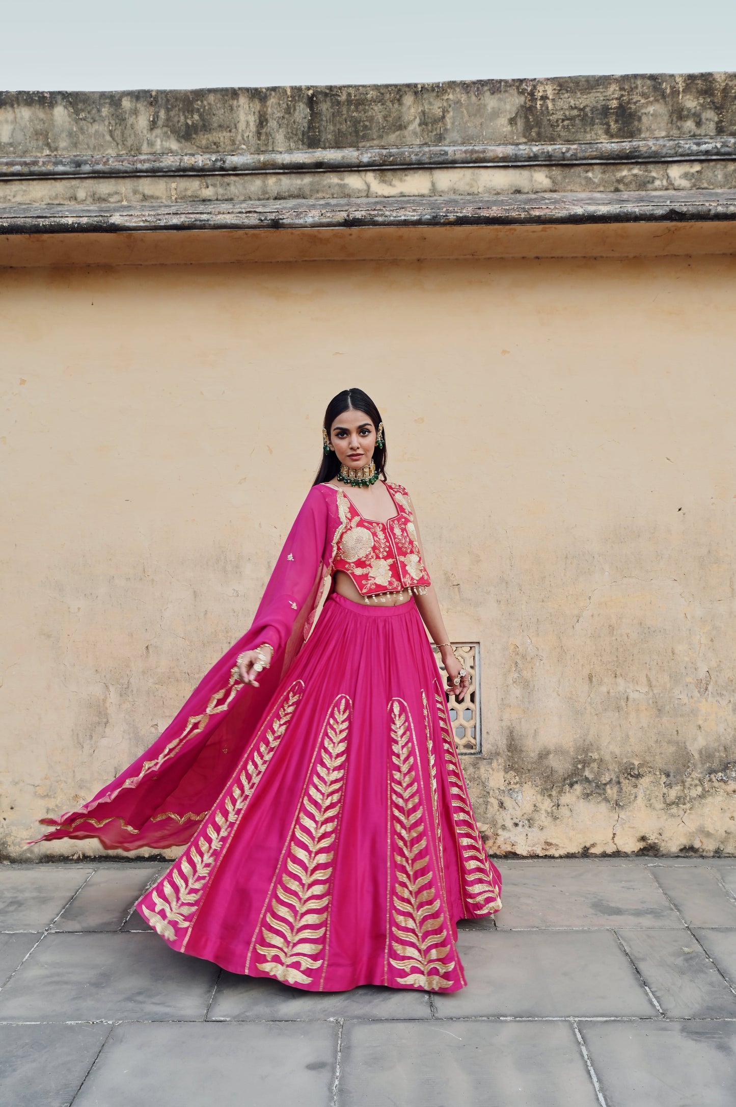 FUSCIA PINK 12 KALI LEAF EMBROIDERED LEHENGA WITH BLOUSE AND DUPATTA- EC-LH-RAHI25-23- FusciaPink