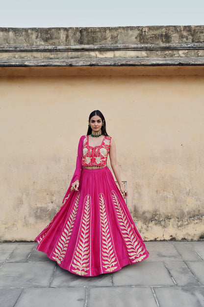 FUSCIA PINK 12 KALI LEAF EMBROIDERED LEHENGA WITH BLOUSE AND DUPATTA- EC-LH-RAHI25-23- FusciaPink