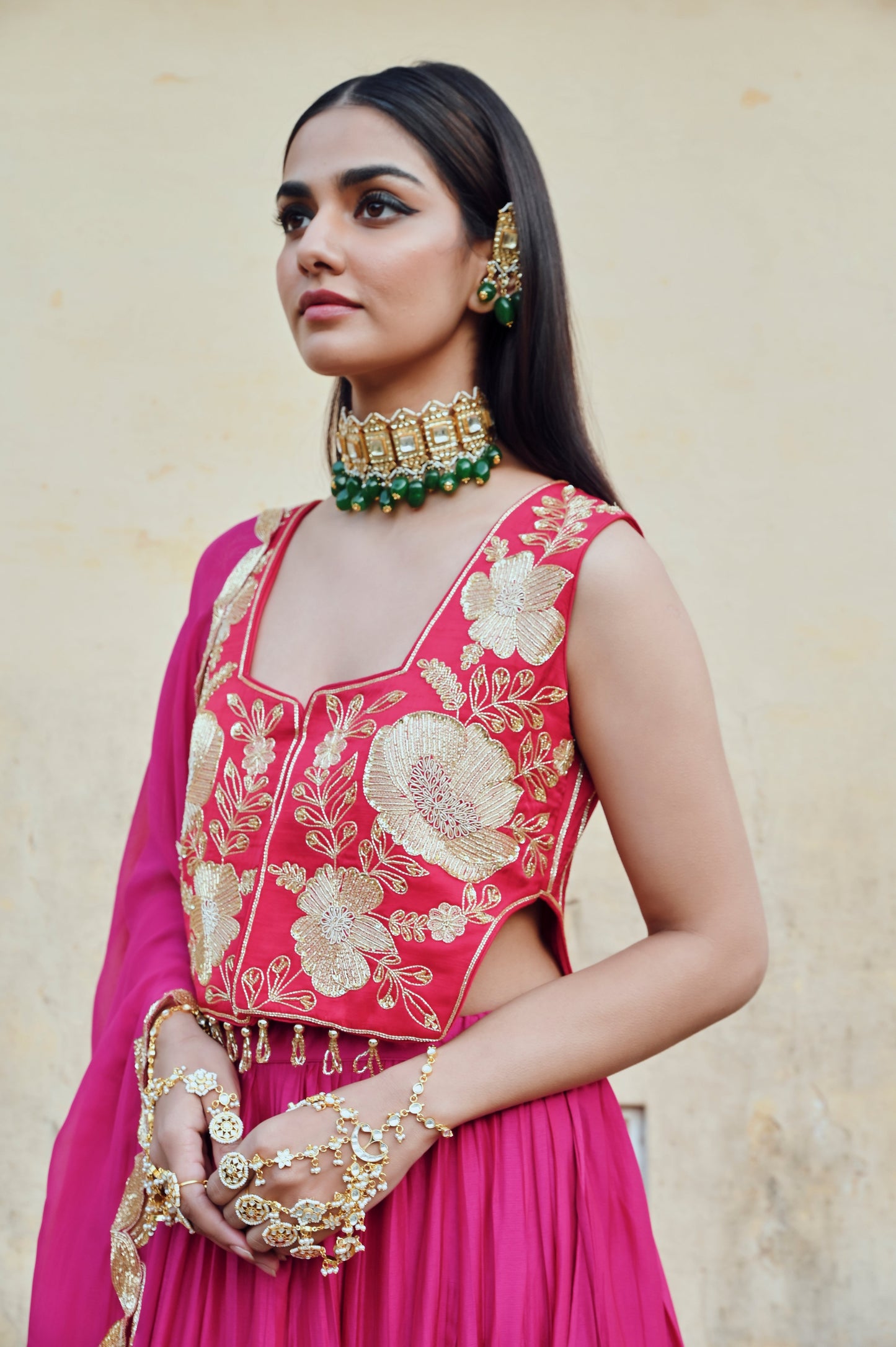 FUSCIA PINK 12 KALI LEAF EMBROIDERED LEHENGA WITH BLOUSE AND DUPATTA- EC-LH-RAHI25-23- FusciaPink