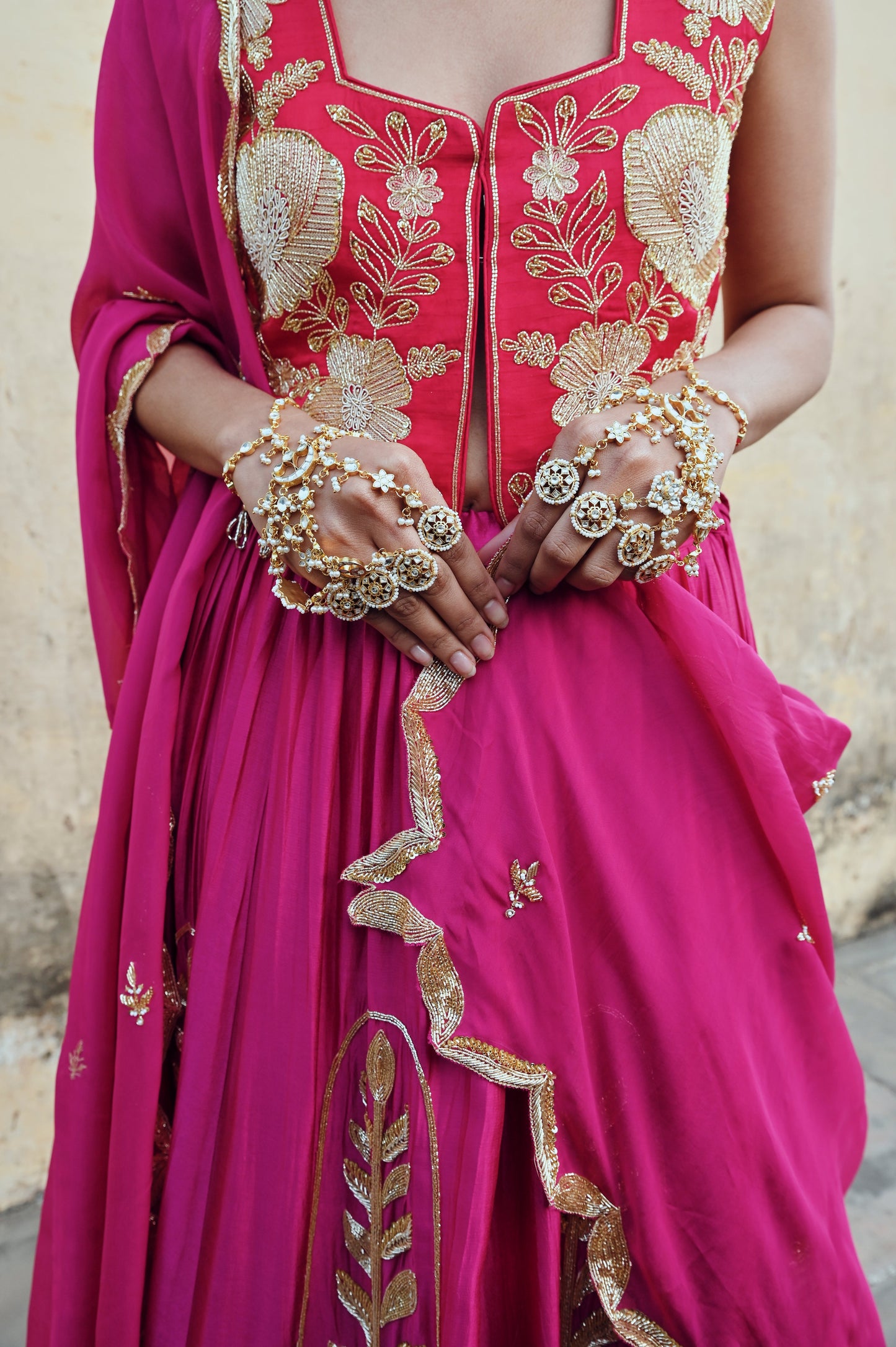 FUSCIA PINK 12 KALI LEAF EMBROIDERED LEHENGA WITH BLOUSE AND DUPATTA- EC-LH-RAHI25-23- FusciaPink