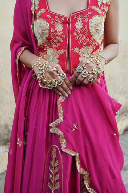 FUSCIA PINK 12 KALI LEAF EMBROIDERED LEHENGA WITH BLOUSE AND DUPATTA- EC-LH-RAHI25-23- FusciaPink