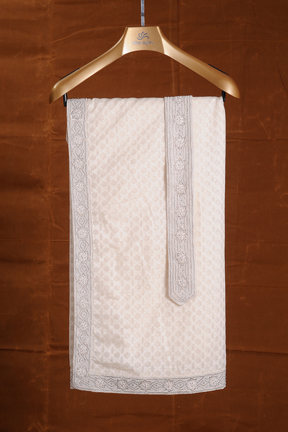 RAW SILK EMBROIDERED SHERWANI WITH MONGA TUSSAR KURTA AND CHURIDAR SET