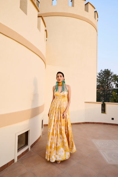 YELLOW FLORAL PRINTED ANARKALI WITH DUPATTA- EC-AK-EG24-01- YellowWhite