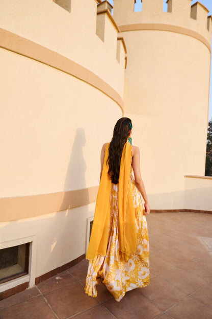 YELLOW FLORAL PRINTED ANARKALI WITH DUPATTA- EC-AK-EG24-01- YellowWhite