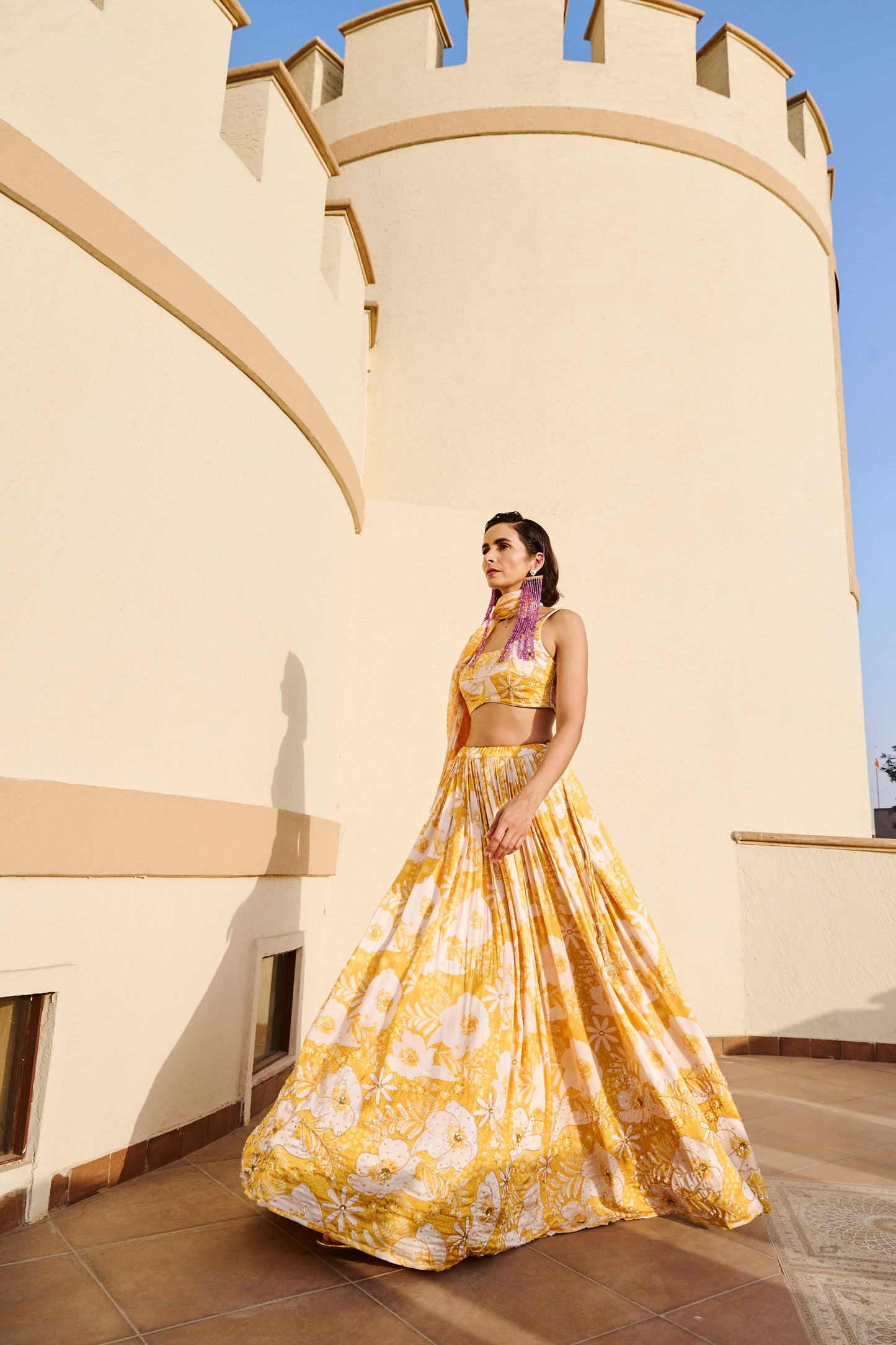 YELLOW FLORAL PRINTED LEHENGA WITH BLOUSE AND DUPATTA- EC-LH-EG24-33- YellowWhite