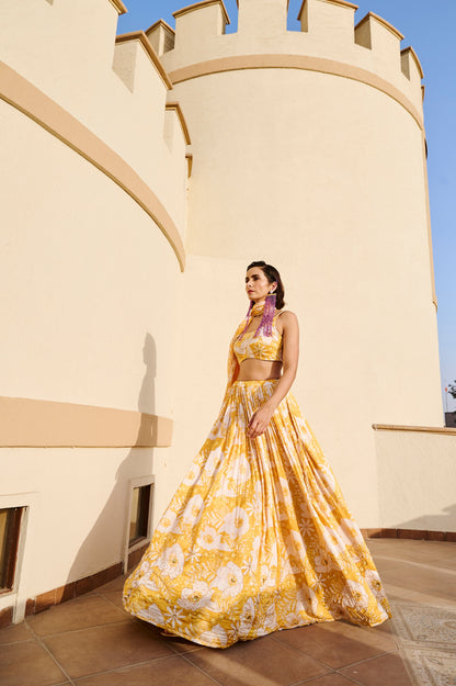 YELLOW FLORAL PRINTED LEHENGA WITH BLOUSE AND DUPATTA- EC-LH-EG24-33- YellowWhite