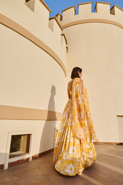 YELLOW FLORAL PRINTED LEHENGA WITH BLOUSE AND DUPATTA- EC-LH-EG24-33- YellowWhite