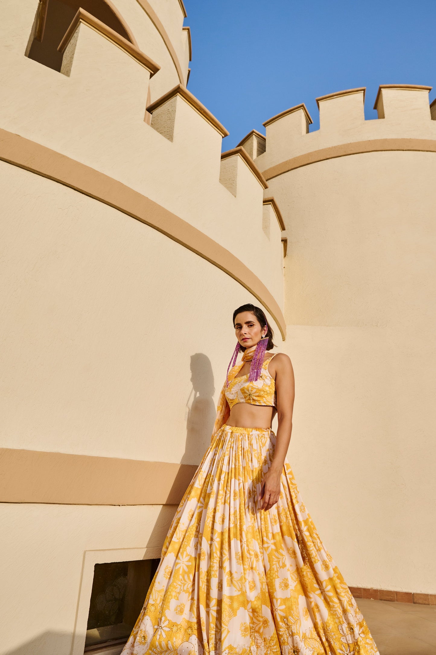 YELLOW FLORAL PRINTED LEHENGA WITH BLOUSE AND DUPATTA- EC-LH-EG24-33- YellowWhite