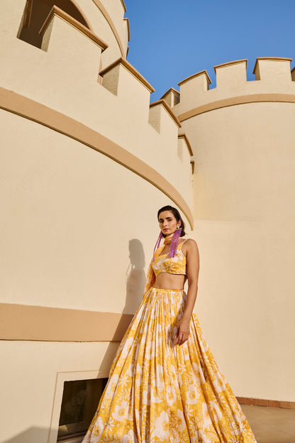 YELLOW FLORAL PRINTED LEHENGA WITH BLOUSE AND DUPATTA- EC-LH-EG24-33- YellowWhite