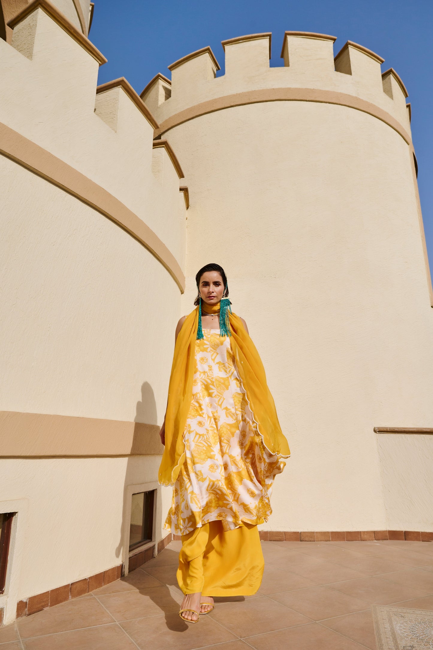 YELLOW FLORAL KALIDAR KURTA WITH PALAZZO AND DUPATTA- EC-AK-EG24-05- YellowWhite