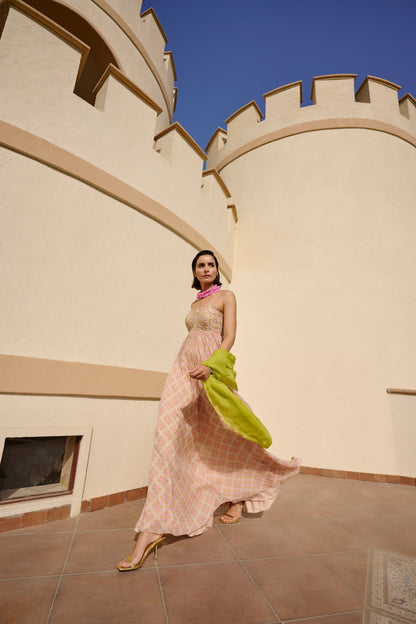 GEOMETRIC PRINT ANARKALI WITH DUPATTA- EC-AK-EG24-02- PinkLime