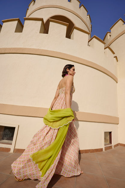 GEOMETRIC PRINT ANARKALI WITH DUPATTA- EC-AK-EG24-02- PinkLime