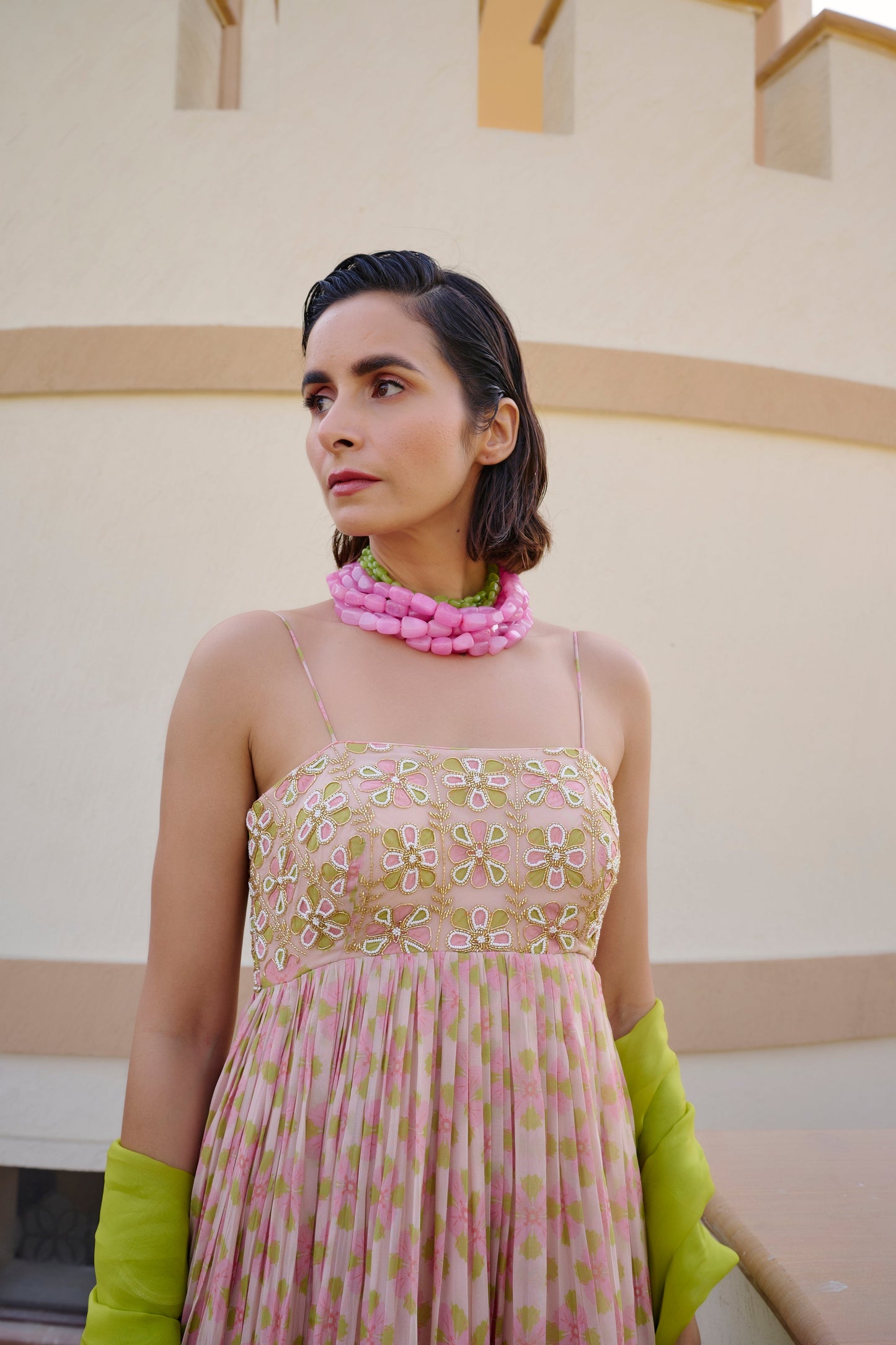 GEOMETRIC PRINT ANARKALI WITH DUPATTA- EC-AK-EG24-02- PinkLime