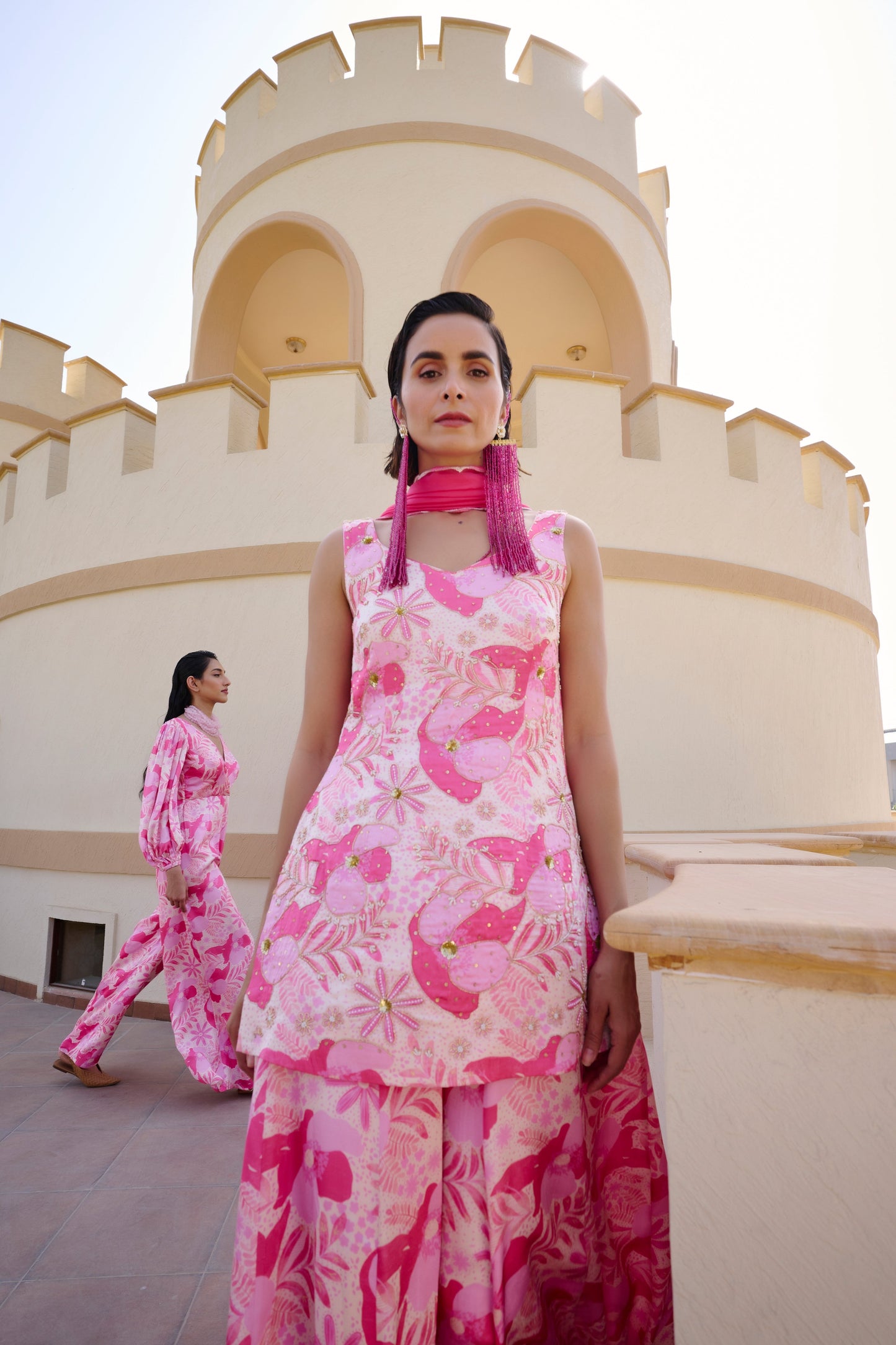 FLORAL PRINTED KURTA WITH PALAZZO AND DUPATTA- EC-KP-EG24-11- BabyPinkWhite
