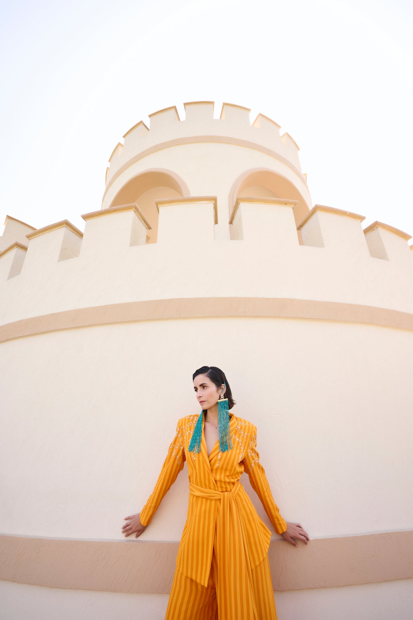 STRIPED PRINT TIE UP JACKET WITH PALAZZO- EC-JP-EG24-19- MustardDarkOrange
