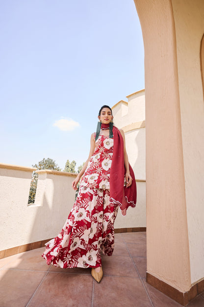 V-Neck Sleeveless Floral Print Embroidered Short Kurta with Kali-dar Palazzo and Dupatta- EC-KP-EG24-30- MaroonWhite