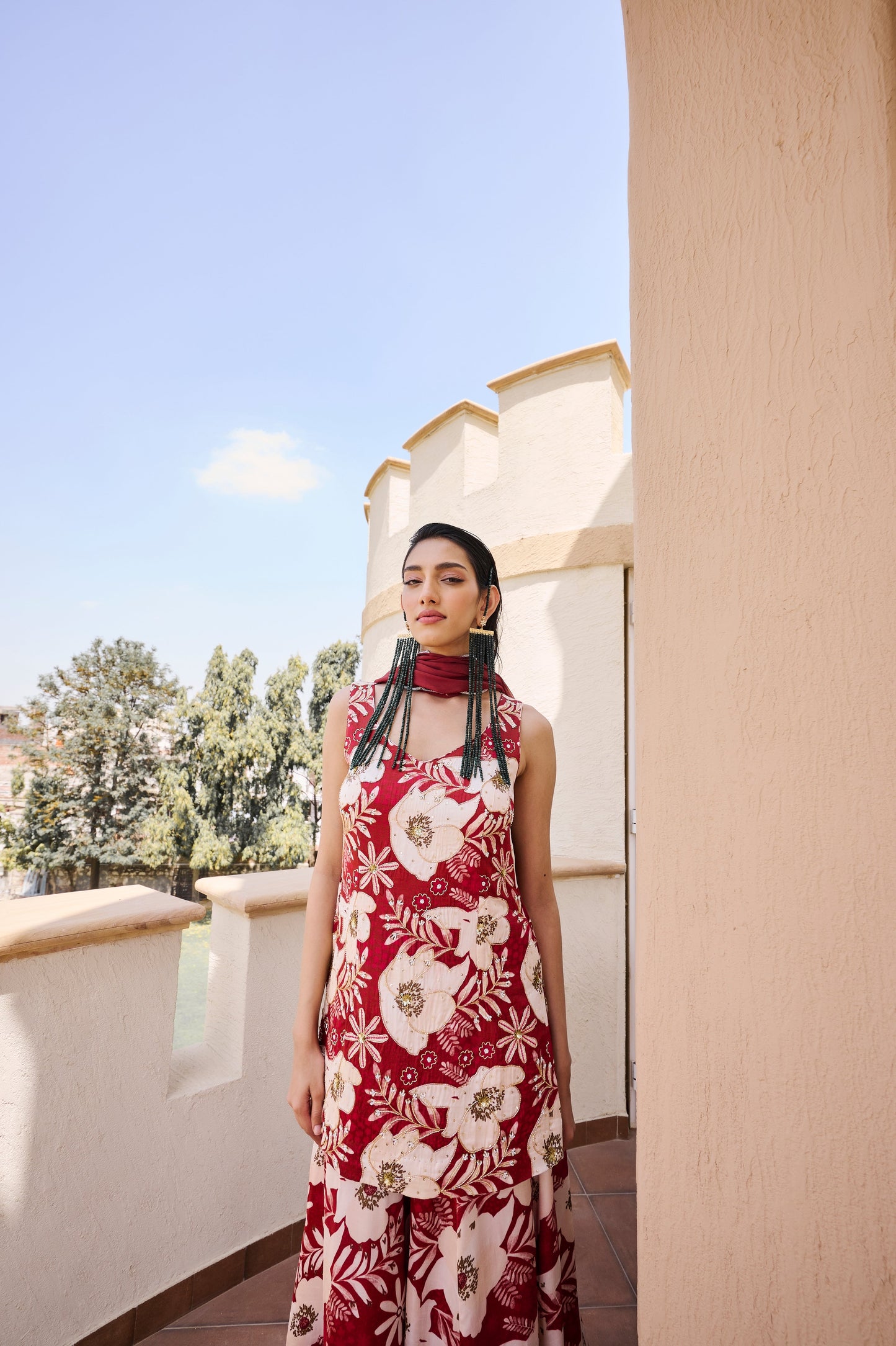 V-Neck Sleeveless Floral Print Embroidered Short Kurta with Kali-dar Palazzo and Dupatta
