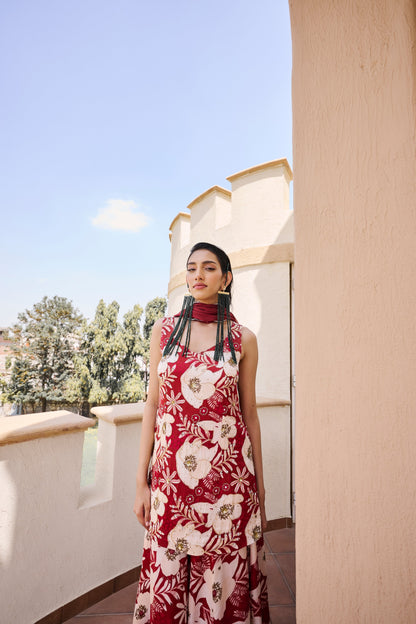 V-Neck Sleeveless Floral Print Embroidered Short Kurta with Kali-dar Palazzo and Dupatta