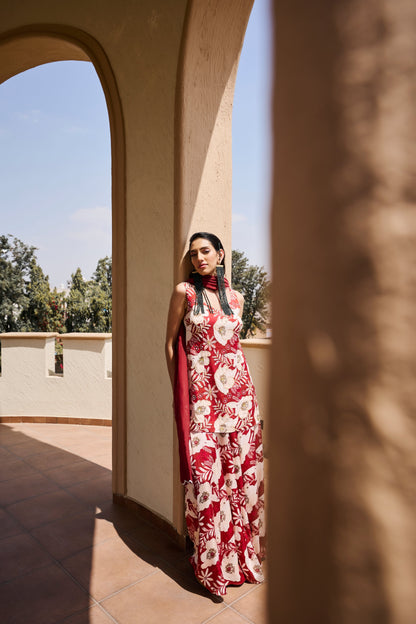 V-Neck Sleeveless Floral Print Embroidered Short Kurta with Kali-dar Palazzo and Dupatta
