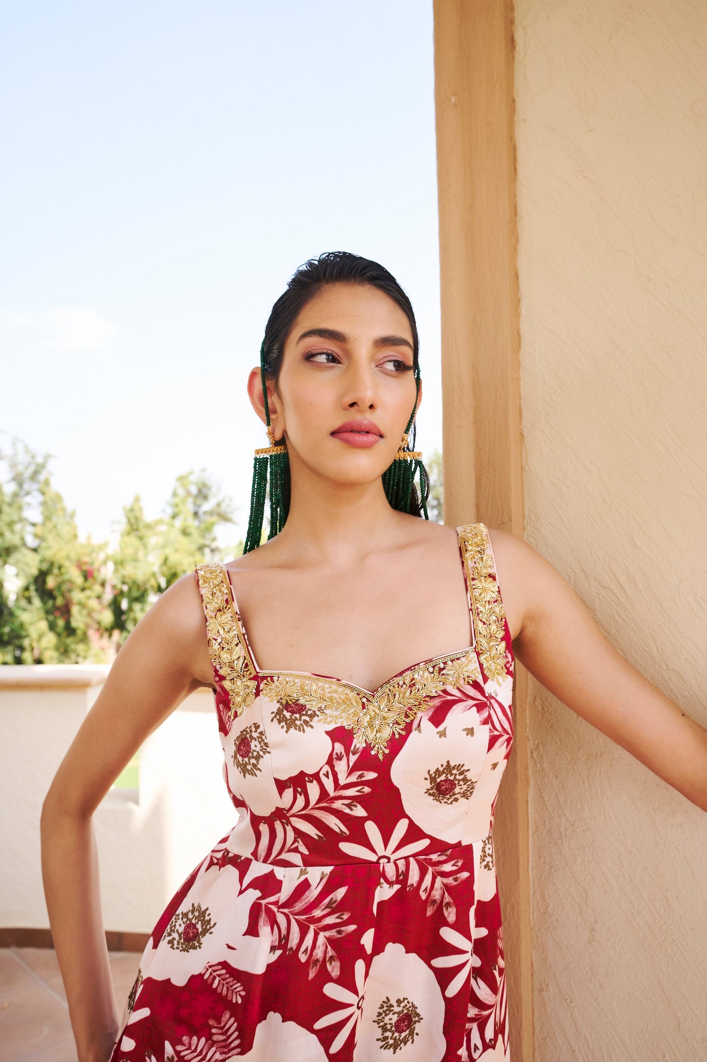 Floral Print Embroidered Sweetheart Neckline Sleeveless Jumpsuit- EC-JS-EG24-14- MaroonWhite