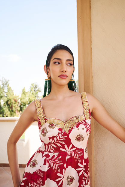 Floral Print Embroidered Sweetheart Neckline Sleeveless Jumpsuit- EC-JS-EG24-14- MaroonWhite