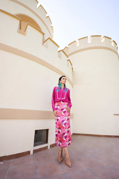 FUSCHIA STRIPED SHIRT AND FLORAL PRINTED SKIRT- EC-ST-EG24-34- WhitePinkBlue