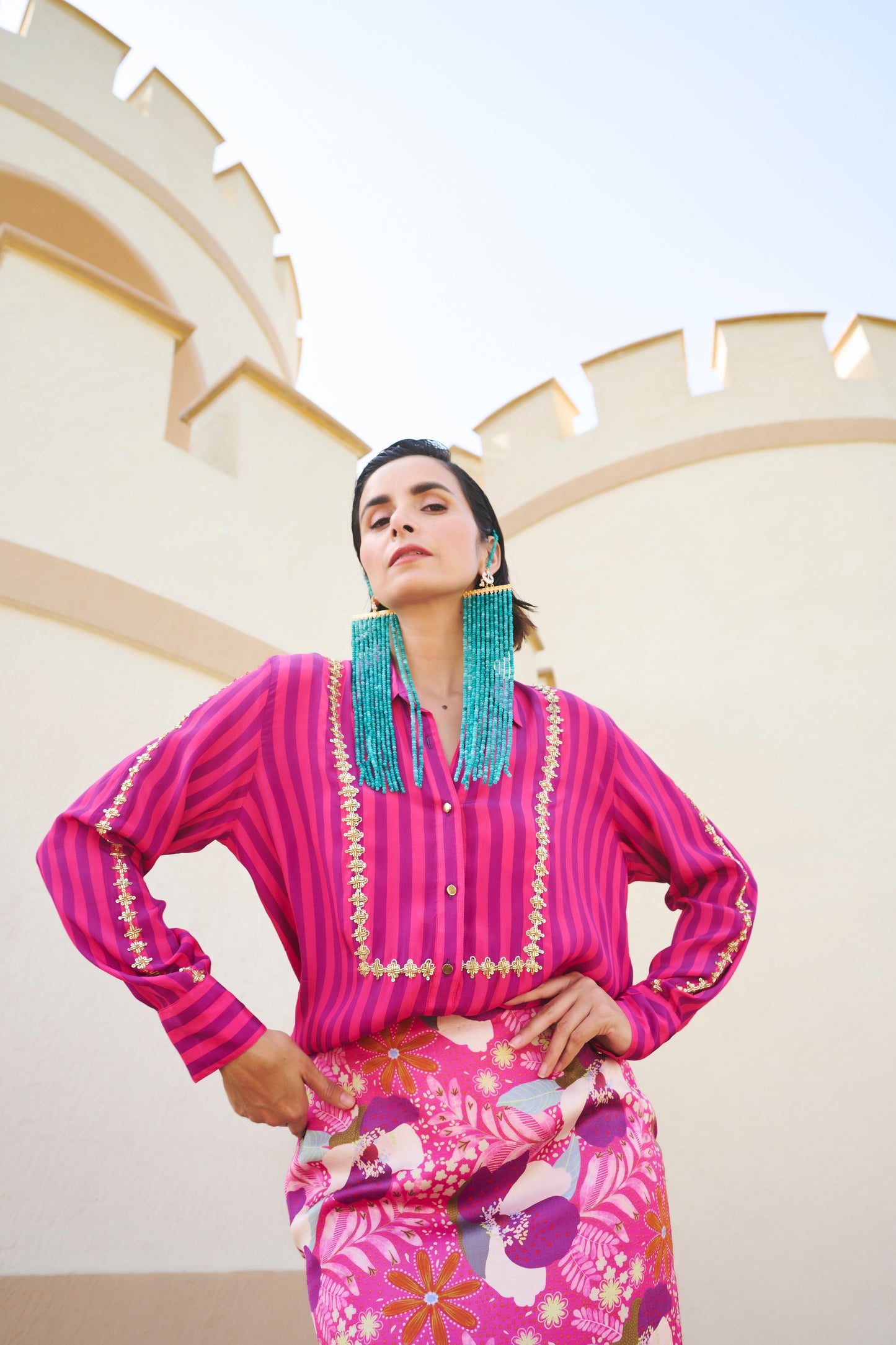 FUSCHIA STRIPED SHIRT AND FLORAL PRINTED SKIRT- EC-ST-EG24-34- WhitePinkBlue