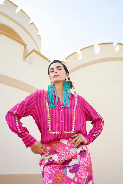 FUSCHIA STRIPED SHIRT AND FLORAL PRINTED SKIRT- EC-ST-EG24-34- WhitePinkBlue
