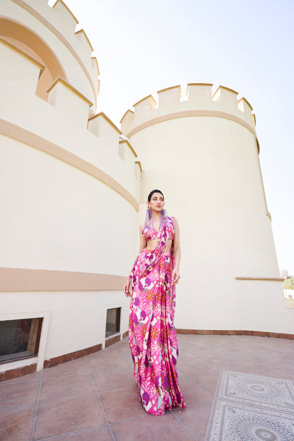 FUSCHIA FLORAL PRINTED PRESTITCHED SAREE WITH BLOUSE- EC-PDS-EG24-18- PinkLime