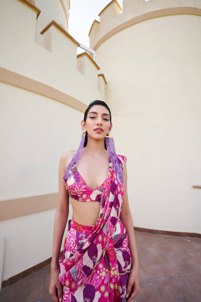 FUSCHIA FLORAL PRINTED PRESTITCHED SAREE WITH BLOUSE- EC-PDS-EG24-18- PinkLime