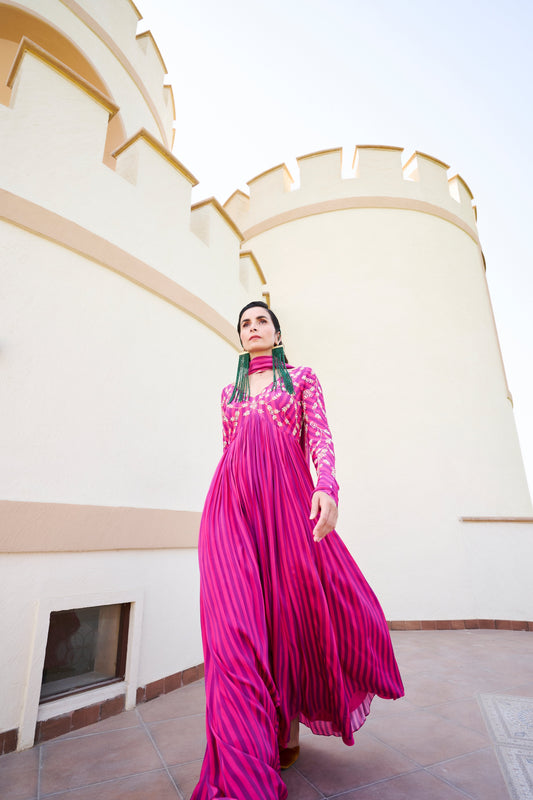 Fuschia Stripped Jaal Embroidered Anarkali- EC-AK-EG24-07- PinkPurple