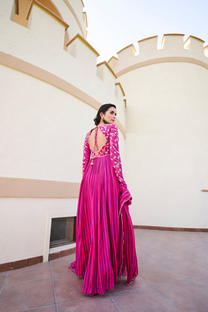 Fuschia Stripped Jaal Embroidered Anarkali- EC-AK-EG24-07- PinkPurple