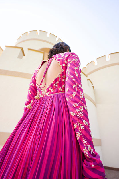 Fuschia Stripped Jaal Embroidered Anarkali- EC-AK-EG24-07- PinkPurple