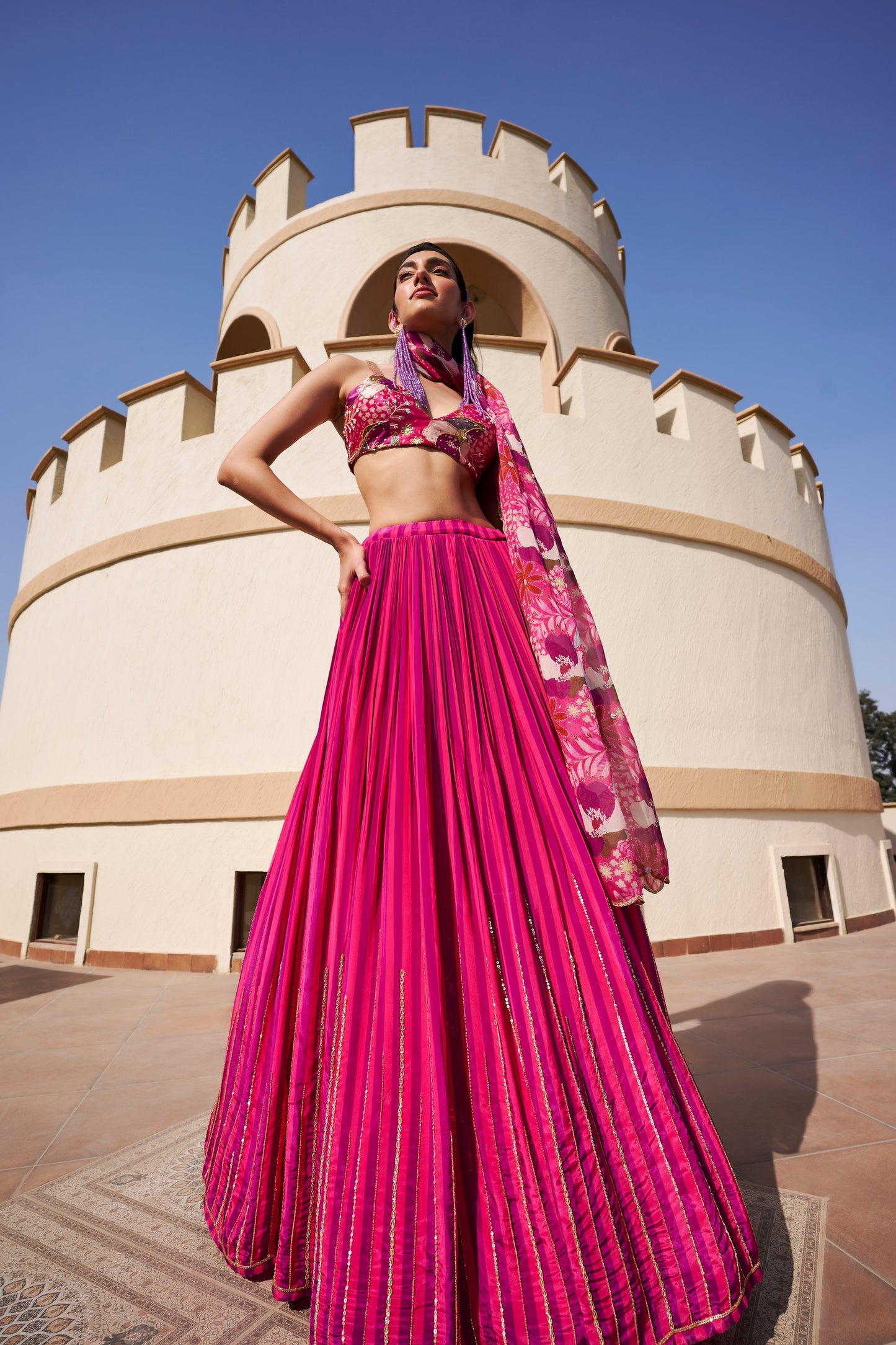 STRIPED LEHENGA WITH FLORAL PRINTED BLOUSE AND DUPATTA- EC-GC-EG24-28- PinkPurple