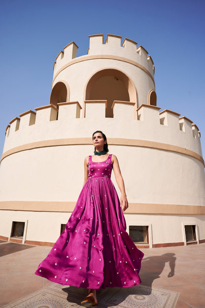 Round Neck All Over Butti Embroidered Can can Floor Length Anarkali- EC-AK-EG24-08- Purple