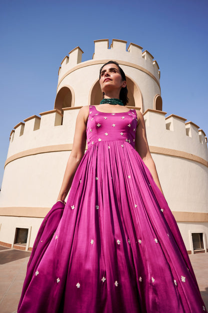 Round Neck All Over Butti Embroidered Can can Floor Length Anarkali- EC-AK-EG24-08- Purple