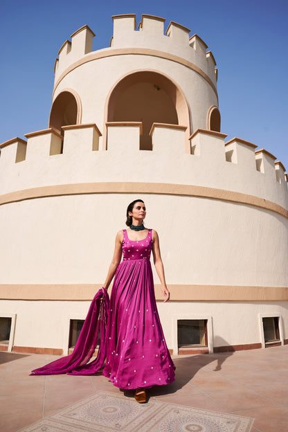 Round Neck All Over Butti Embroidered Can can Floor Length Anarkali- EC-AK-EG24-08- Purple