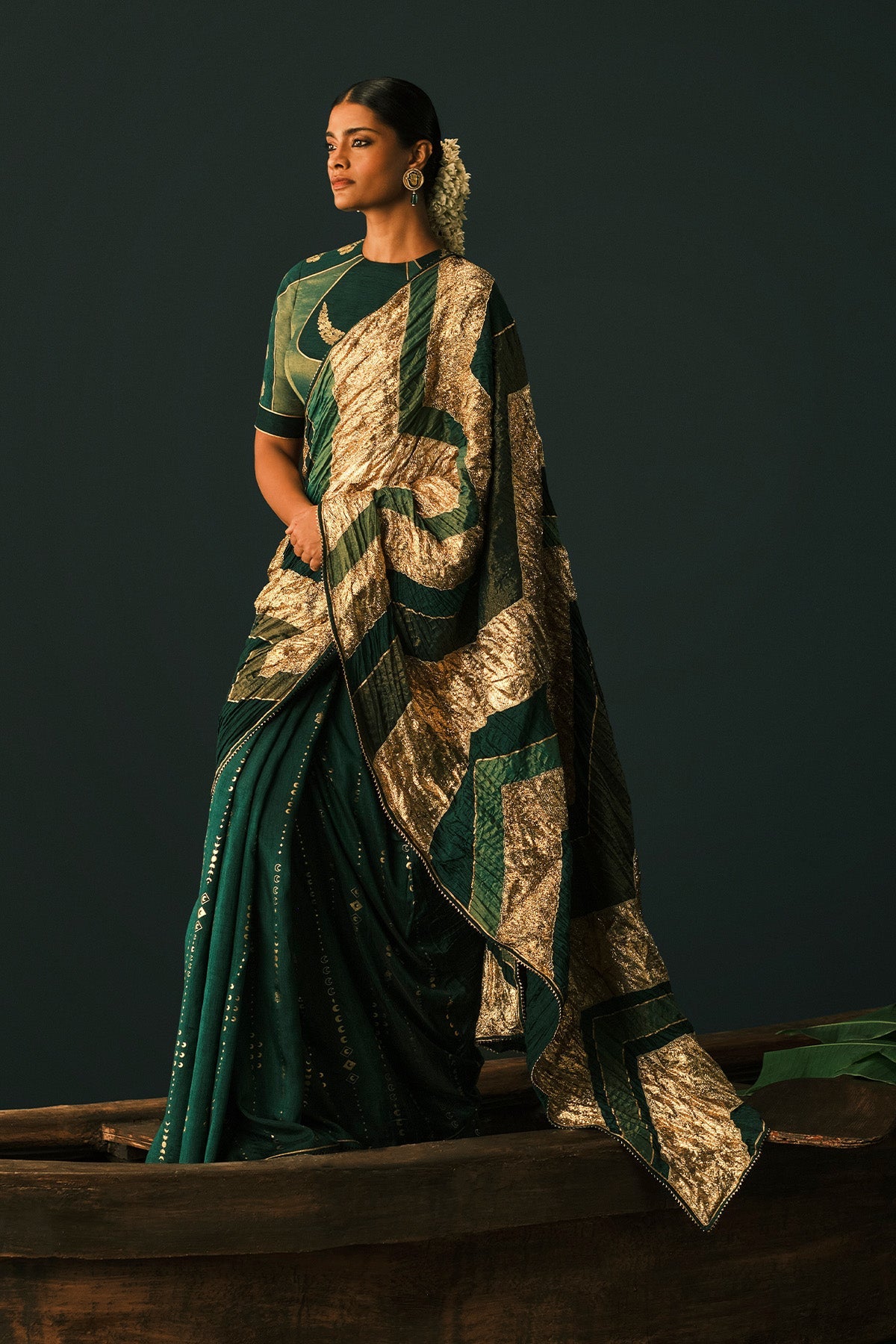 Bottle Green Celestial Moonfall Crush Saree