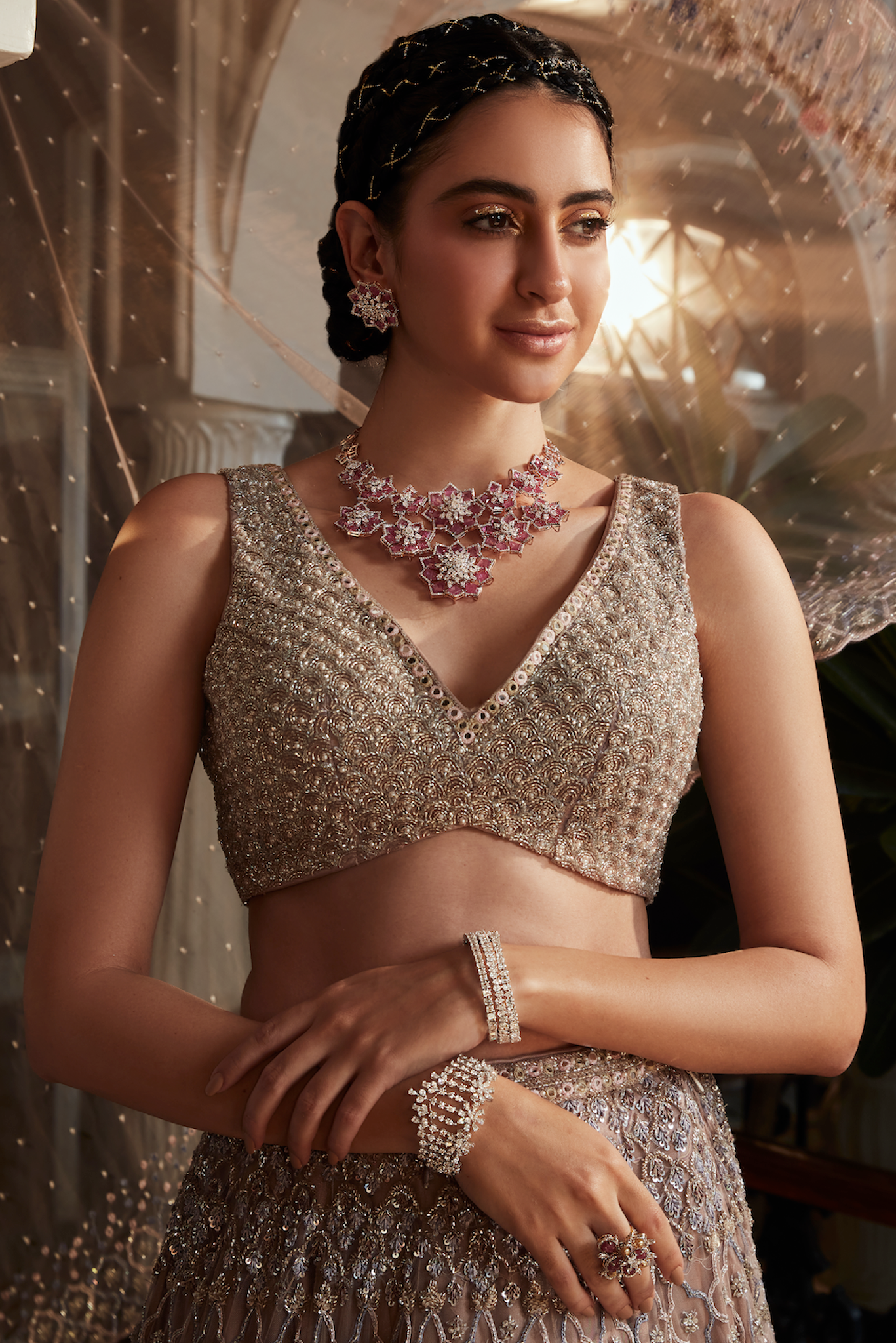bridal silver lehenga floral