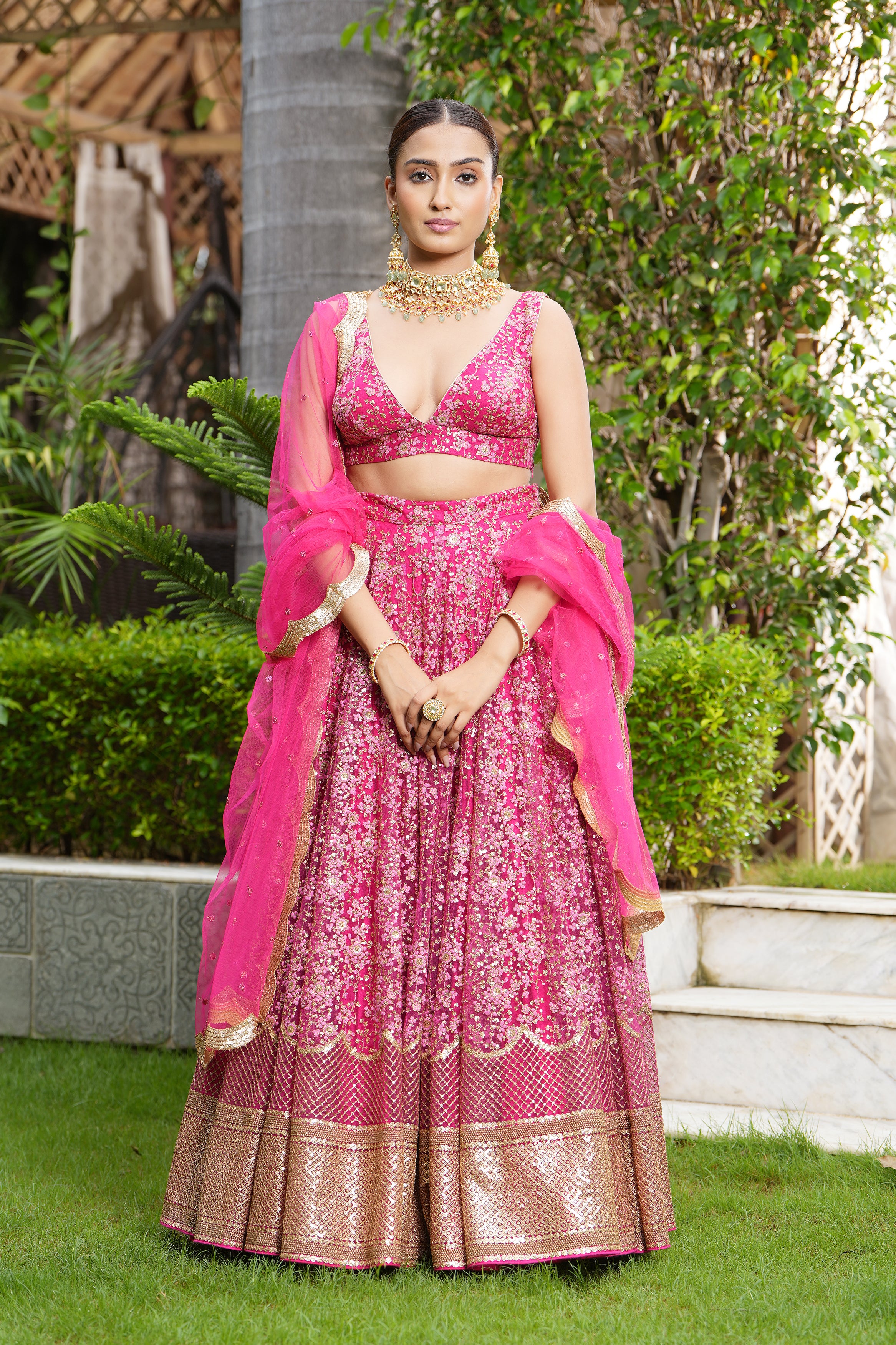 Deep Pink Beetroot Embroidered Net Lehenga Set with Gold Detailing