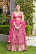 Deep Pink Beetroot Embroidered Net Lehenga Set with Gold Detailing