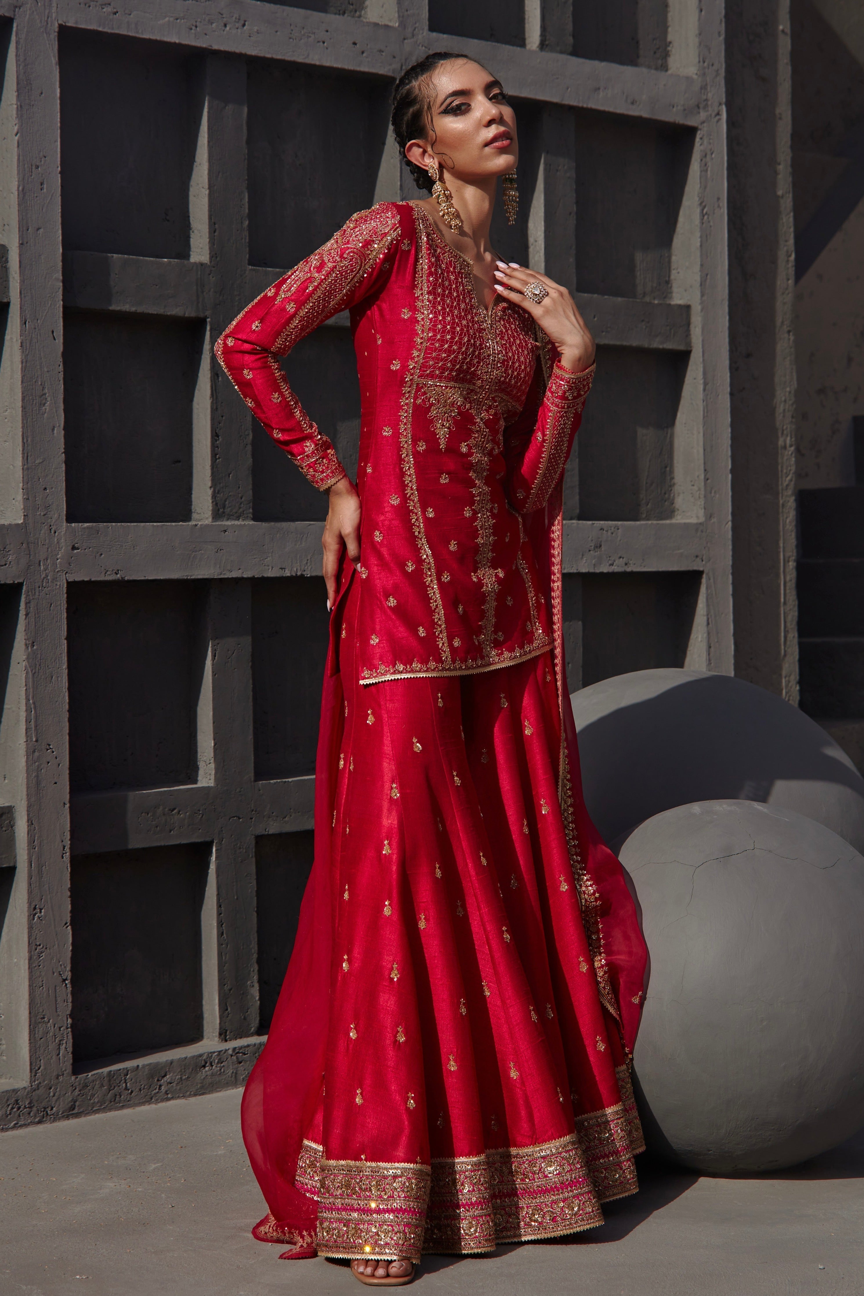 Deep Pink Raw Silk Aari & Dori Embroidered Sharara Set