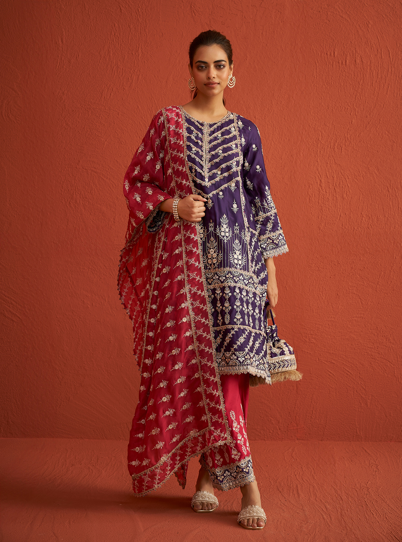 Deep Purple Silk Embroidered Kurta Set