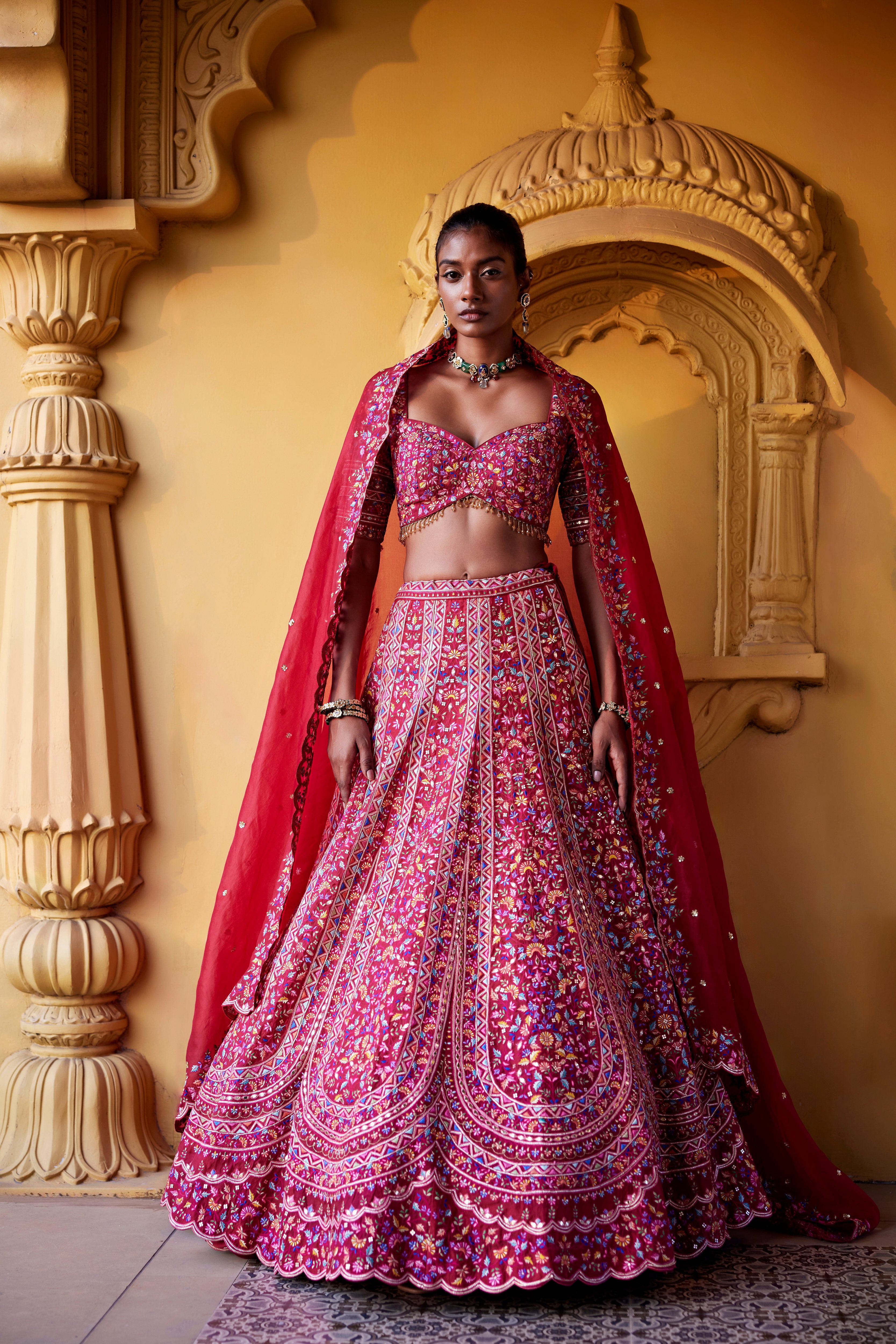 Deep Red Organza Raw Silk Embroidered Lehenga Set